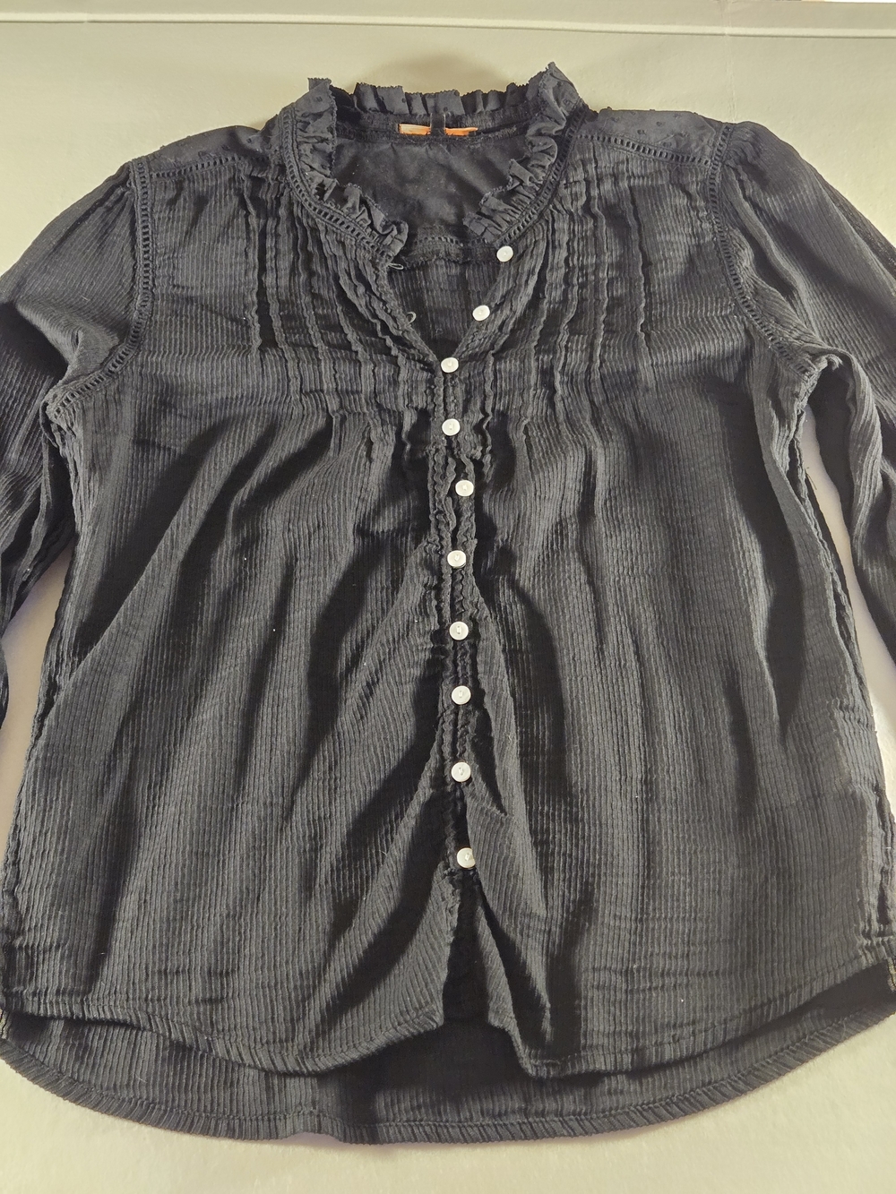 Quince BLack Textured Cotton Peasant Blouse L